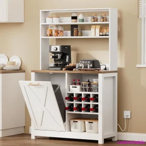 Bakers Rack Microwave Stand Cabinet with Trash Can Bin Cabinet and Wine Storage Rack