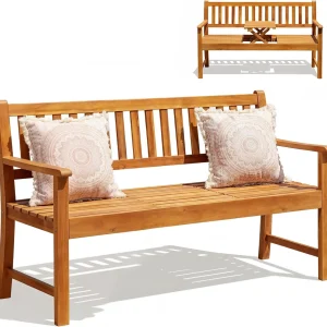 2-Person Garden Bench with Pull-Out Center Table, Acacia Wood Patio Loveseat