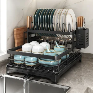 Stainless Steel Dish Drying Rack Adjustable Kitchen Plate Organizer with Drainboard