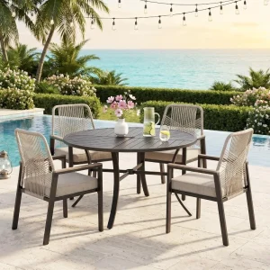 5 Pieces Patio Dining Set, 4 x Woven Rattan Chairs with Waterproof Cushion