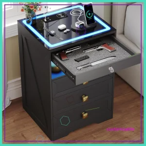 Smart Nightstand with Lockable Drawer, Charging Station & 3 LED Lights