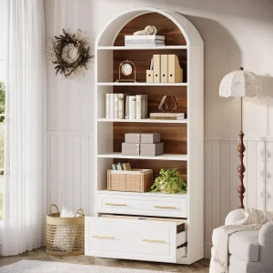 76.8 Tall Arched Bookcase, 5Tier Bookshelf with File Cabinet Drawer
