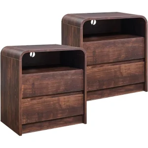Set of 2 Brown Curved Nightstands, 25 Tall with 2 Drawers, Charging Station