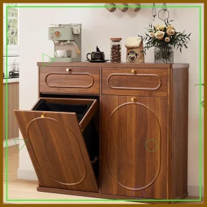 Double Tilt Out Trash Can Cabinet, Wood Kitchen Garbage Bin with Drawer