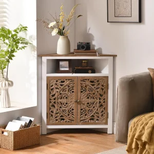 Boho Corner Cabinet, Narrow Organizer with Carved Floral Doors