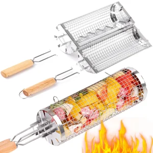 BUYYES Rolling Grill Basket BBQ Mesh Tube Removable Wooden Handle