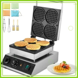 1750W Commercial Waffle Maker 4PCS Round Non-Stick Belgian Waffle Iron with Temperature Time Control