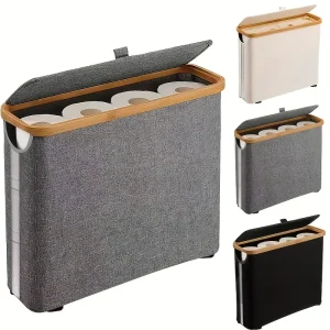 Gray Fabric-Like Bamboo Toilet Paper Holder with Lid - 9-Roll Metal Frame Bathroom Organizer