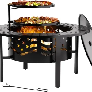 Large Round Outdoor Fire Pit with 2 Grills, Wood Burning
