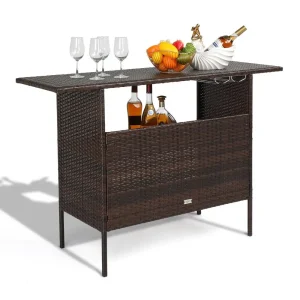 Wicker Outdoor Bar Table with 2 Steel Shelves, Sets of Rails, Rattan Patio Storage