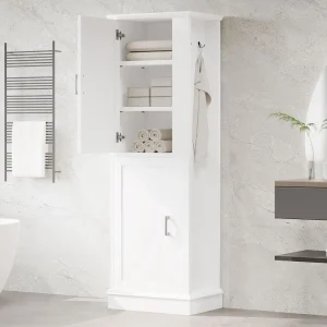 White Tall Bathroom Storage Cabinet with Hooks