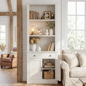 80 Inch Tall White Bookshelf with Doors and Open Shelves