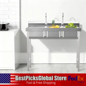 3-Compartment Sink, Stainless Steel Commercial Kitchen Sink with 2 Faucets