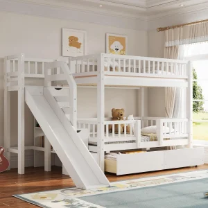 Twin Over Twin Bunk Bed with Slide, Storage Drawers & Staircase, Solid Pine Wood Frame
