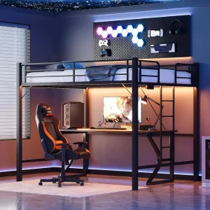 Queen Size Metal Bed Frame with Charging Station, LED Lights