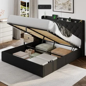 Queen Lift Up Storage Bed Frame with Headboard, Upholstered Bed Frame with Charging Station, No Box Spring Needed