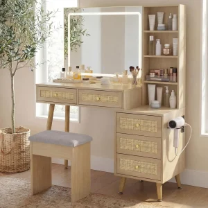 Makeup Vanity with Mirror and Lights, 43.3" Vanity with 31.5" Mirror, Large 5 Drawers Makeup Table