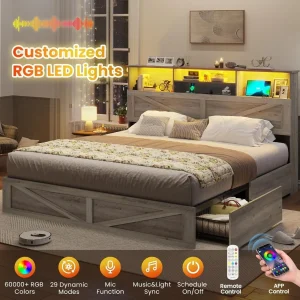 King Farmhouse Wooden Platform Bed Bookcase Storage Headboard Charging Station LED Lights
