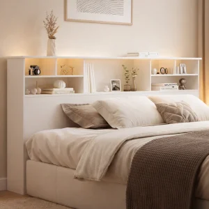 Bookcase Headboard with Charging Station & LED Lights, Wooden Storage Headboard for Queen/King Size