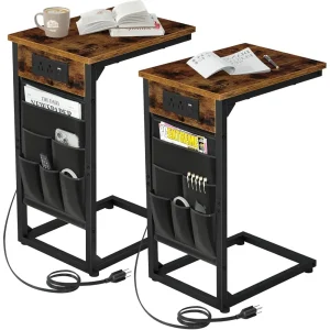 C Shaped End Table With Charging Station, TV Tray Set Of 2