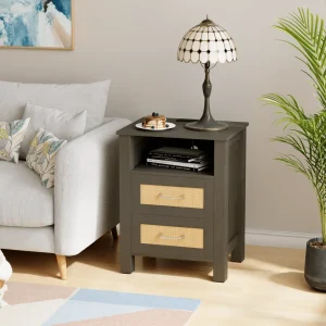 Rattan Nightstands, Farmhouse Night Stand With 2 Drawers And Storage Shelf