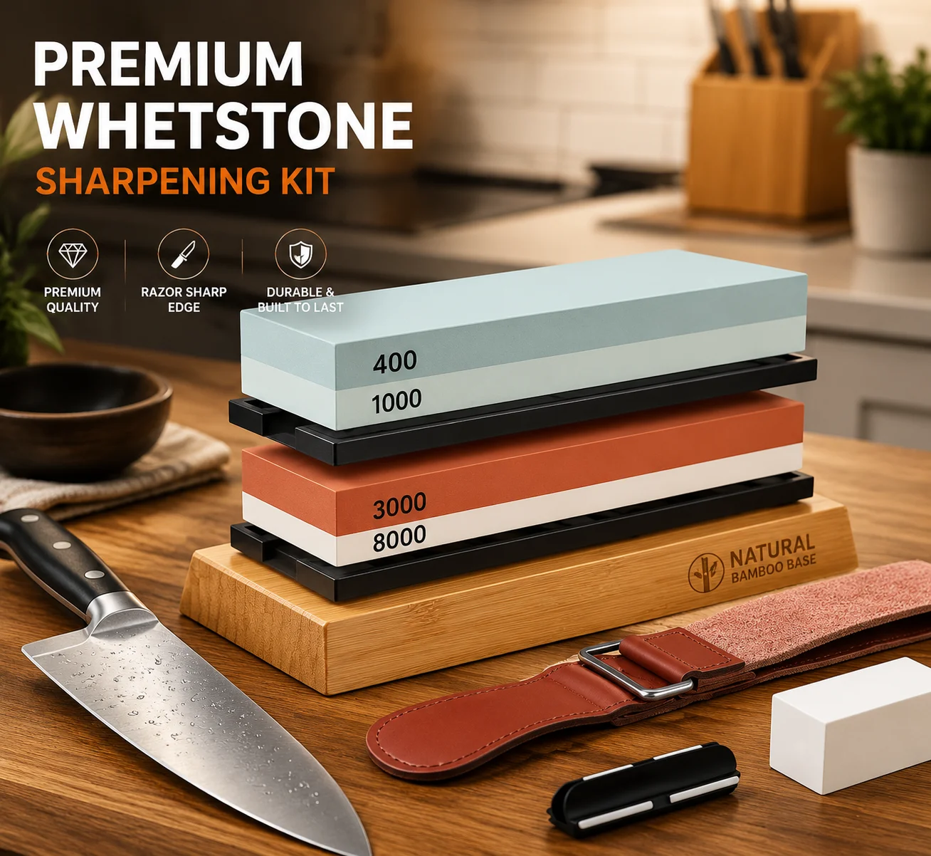 Professional Knife Sharpening Stone Set, 4-in-1 Whetstone 400/1000 3000/8000 Grit with Bamboo Base - Image 1