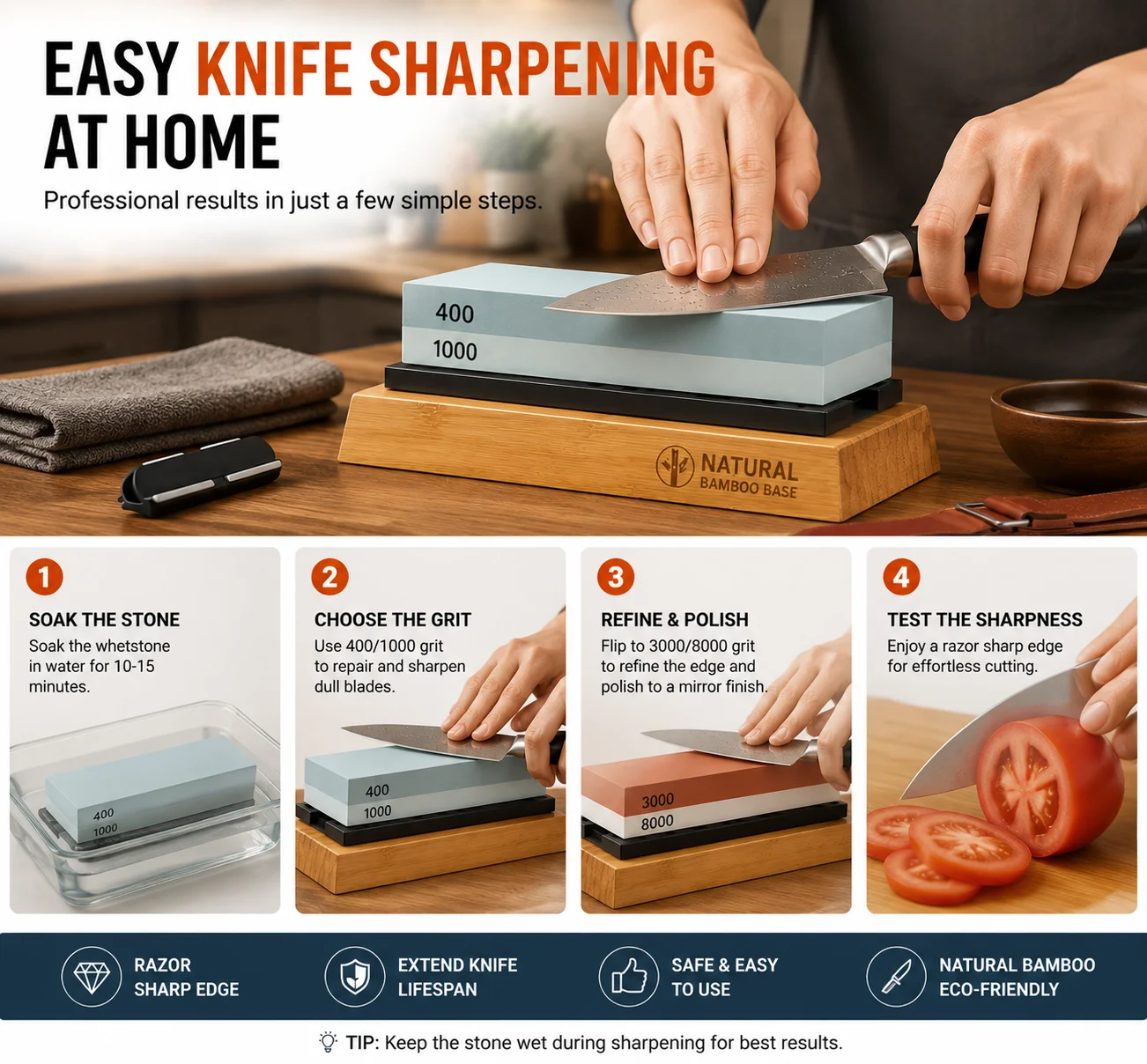 Professional Knife Sharpening Stone Set, 4-in-1 Whetstone 400/1000 3000/8000 Grit with Bamboo Base - Image 3