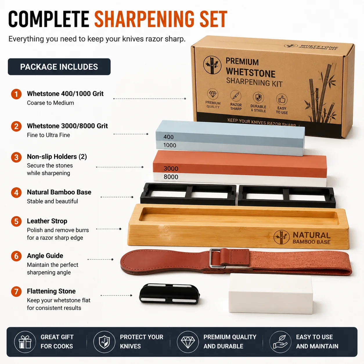 Professional Knife Sharpening Stone Set, 4-in-1 Whetstone 400/1000 3000/8000 Grit with Bamboo Base - Image 6