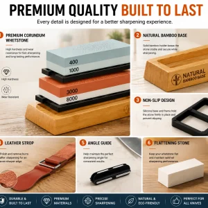 Professional Knife Sharpening Stone Set, 4-in-1 Whetstone 400/1000 3000/8000 Grit with Bamboo Base - Thumbnail Image 5