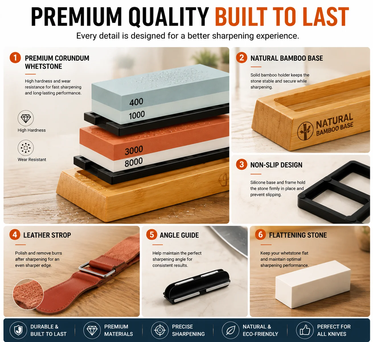 Professional Knife Sharpening Stone Set, 4-in-1 Whetstone 400/1000 3000/8000 Grit with Bamboo Base - Image 5