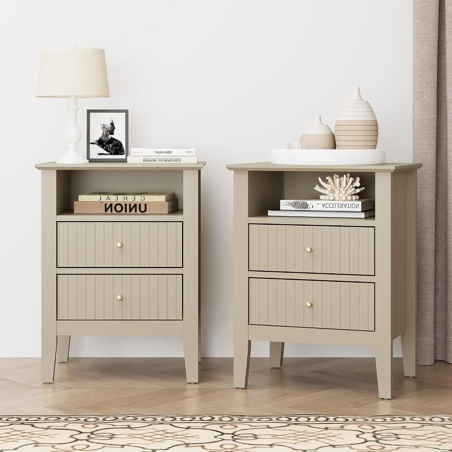 Fluted Nightstand Set of 2 with Charging Station, White End Table - Image 8