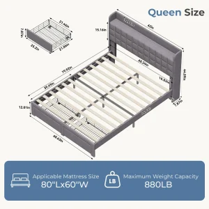 JHK Wood Bed Frame with 2 Storage Drawers Fabric Headboard Upholstered Platform Bed Frame Wooden Slats - Thumbnail Image 3