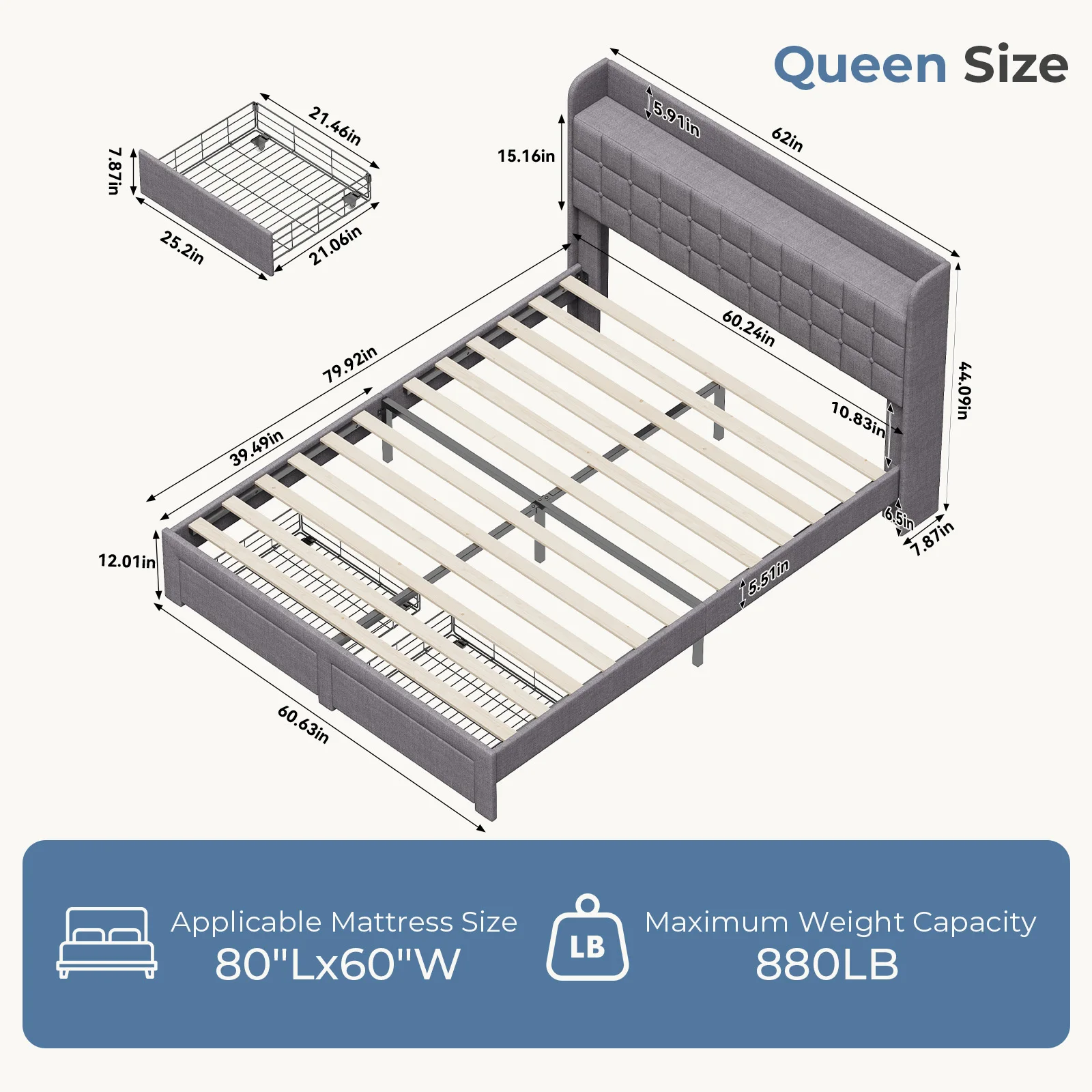 JHK Wood Bed Frame with 2 Storage Drawers Fabric Headboard Upholstered Platform Bed Frame Wooden Slats - Image 3