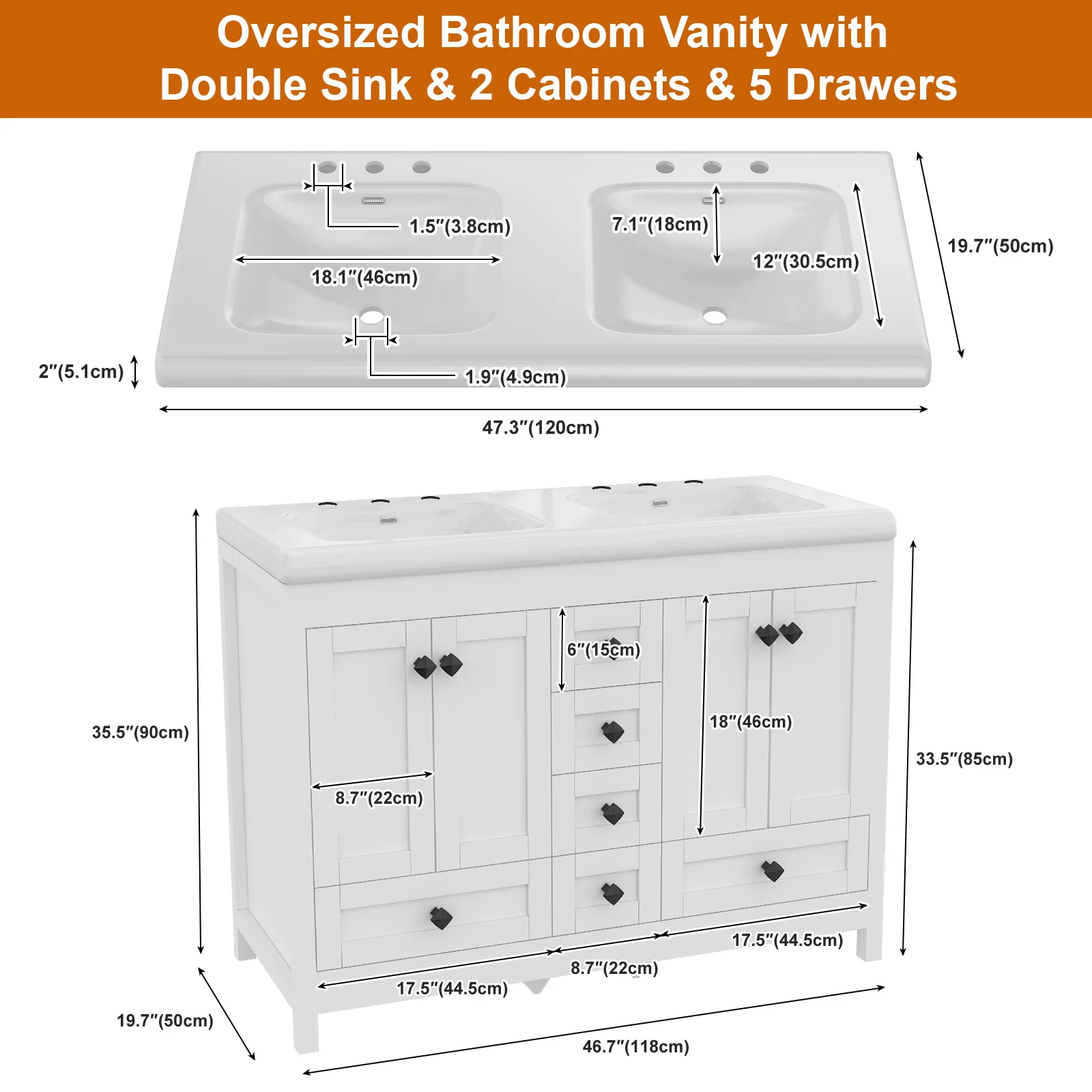 47.3 Inch White Bathroom Vanity Double Ceramic Sink Freestanding Cabinet with Sink Combo - Image 2