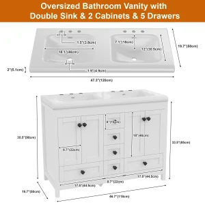 47.3 Inch White Bathroom Vanity Double Ceramic Sink Freestanding Cabinet with Sink Combo - Thumbnail Image 2