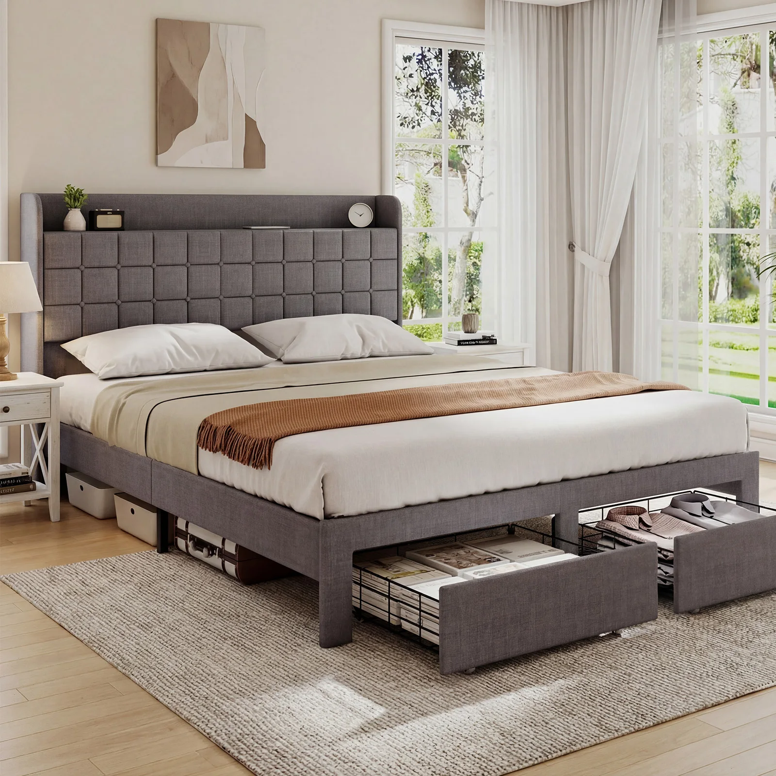 JHK Wood Bed Frame with 2 Storage Drawers Fabric Headboard Upholstered Platform Bed Frame Wooden Slats - Image 1