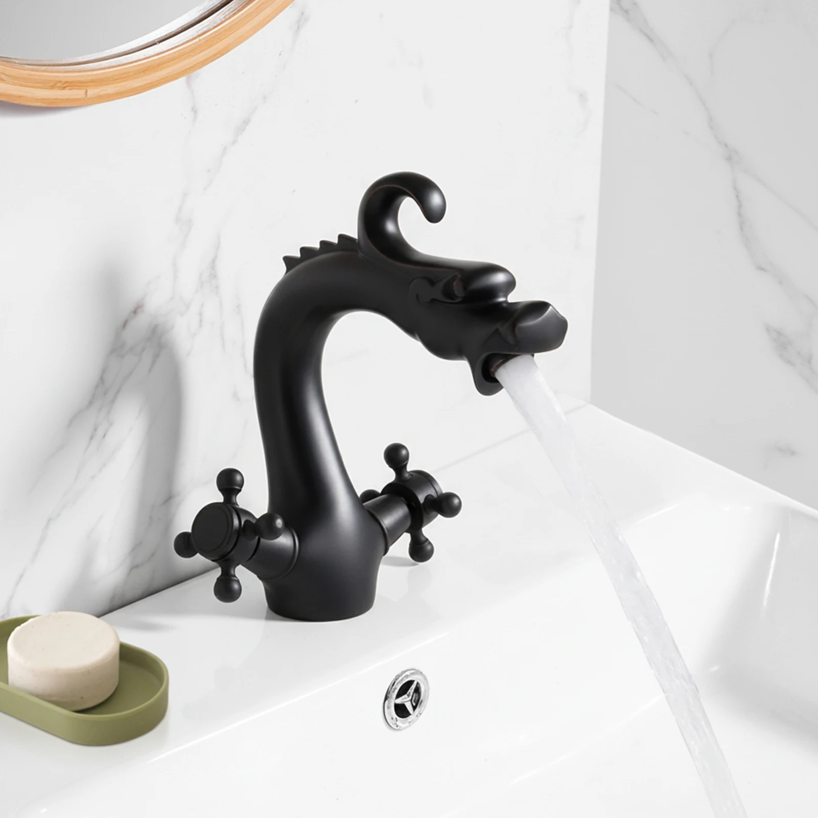Retro Dragon-Shaped Brass Bathroom Faucet, 2-Handle Cross Hot Cold Water Mixer Tap - Image 7