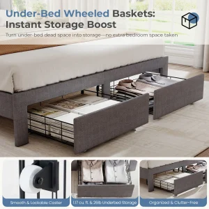JHK Wood Bed Frame with 2 Storage Drawers Fabric Headboard Upholstered Platform Bed Frame Wooden Slats - Thumbnail Image 7