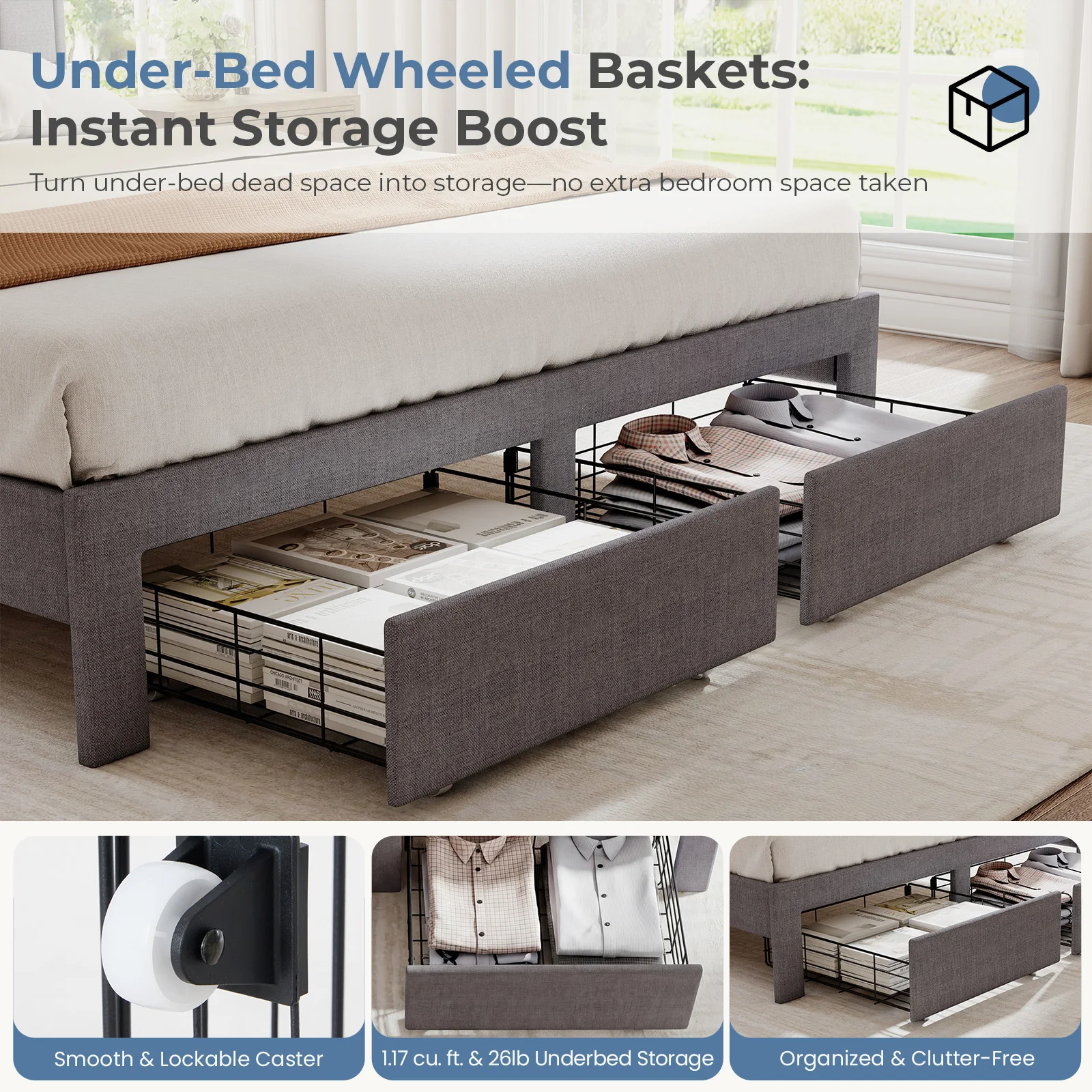 JHK Wood Bed Frame with 2 Storage Drawers Fabric Headboard Upholstered Platform Bed Frame Wooden Slats - Image 7