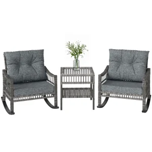 3 Pieces Pe Rattan Rocking Chair Set for Outdoor, Grey - Thumbnail Image 2