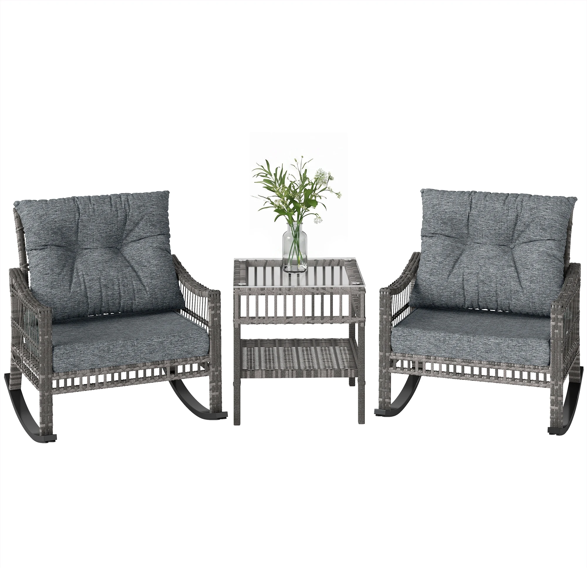 3 Pieces Pe Rattan Rocking Chair Set for Outdoor, Grey - Image 2