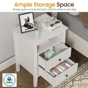 Fluted Nightstand Set of 2 with Charging Station, White End Table - Thumbnail Image 2