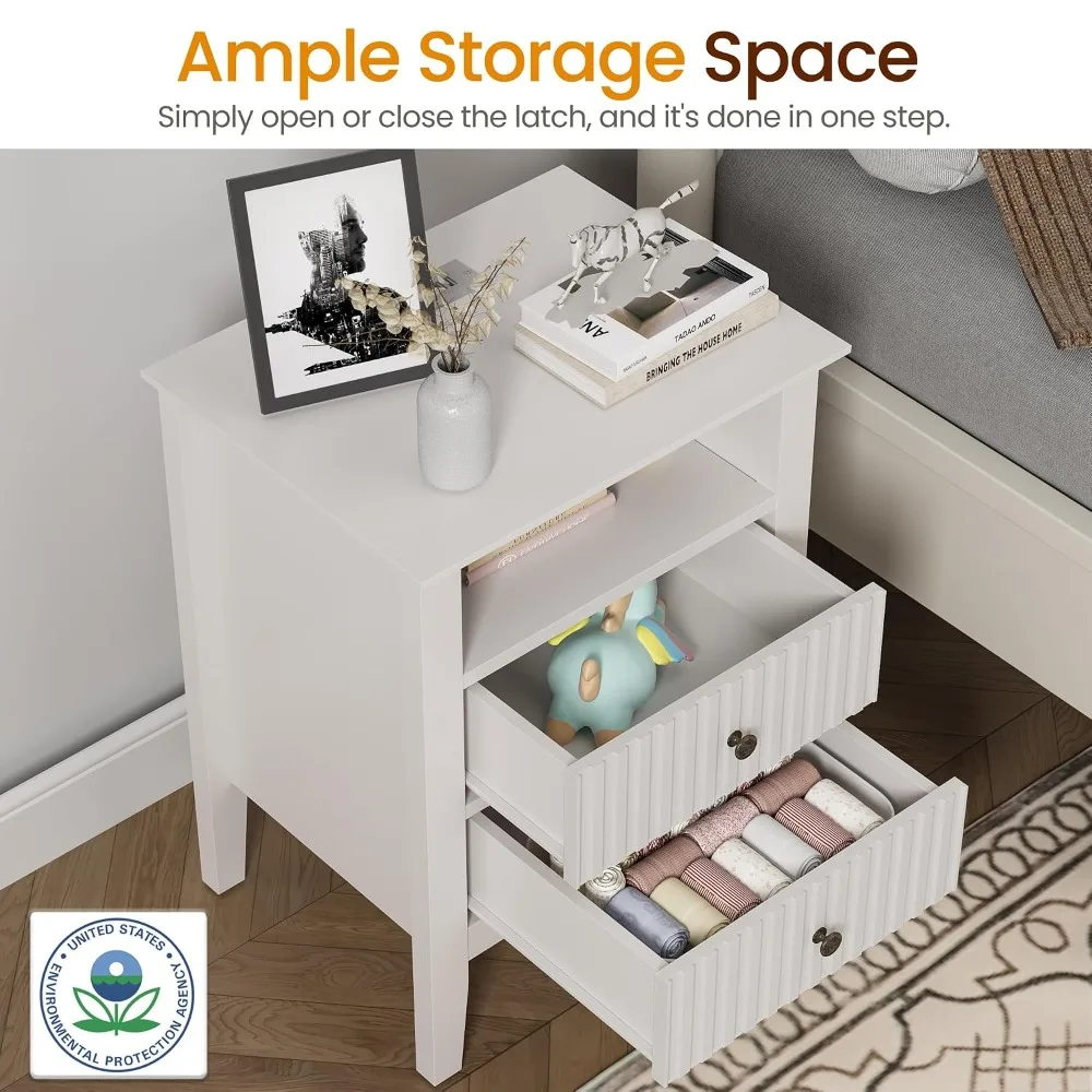 Fluted Nightstand Set of 2 with Charging Station, White End Table - Image 2