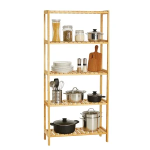 5-Tier Wide Bamboo Shelf Narrow Bathroom Shelf with Slatted Shelves Natural Wood - Thumbnail Image 7