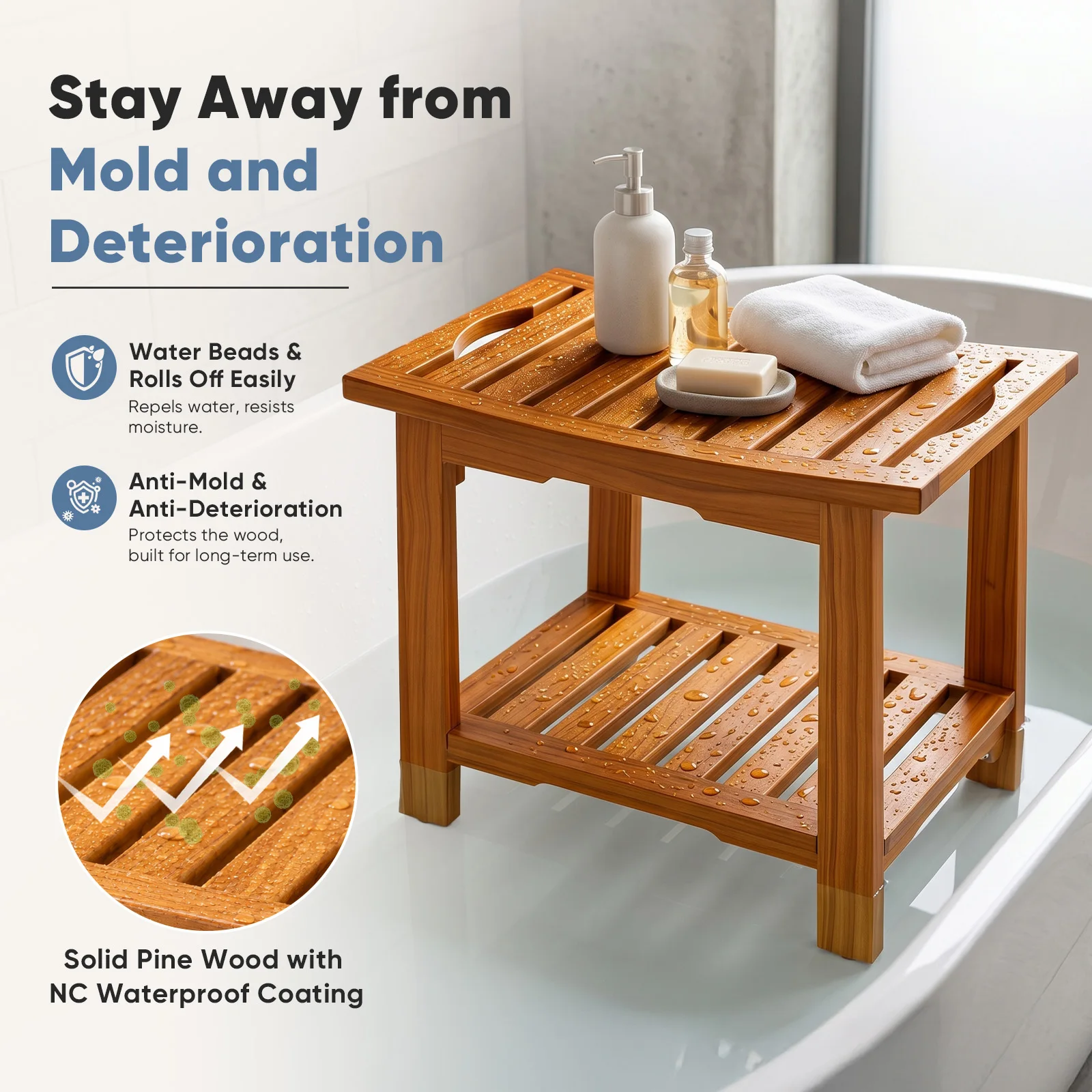 JHK 18IN/14IN Wooden Bathroom Shower Stool Waterproof Shower Bench - Image 6