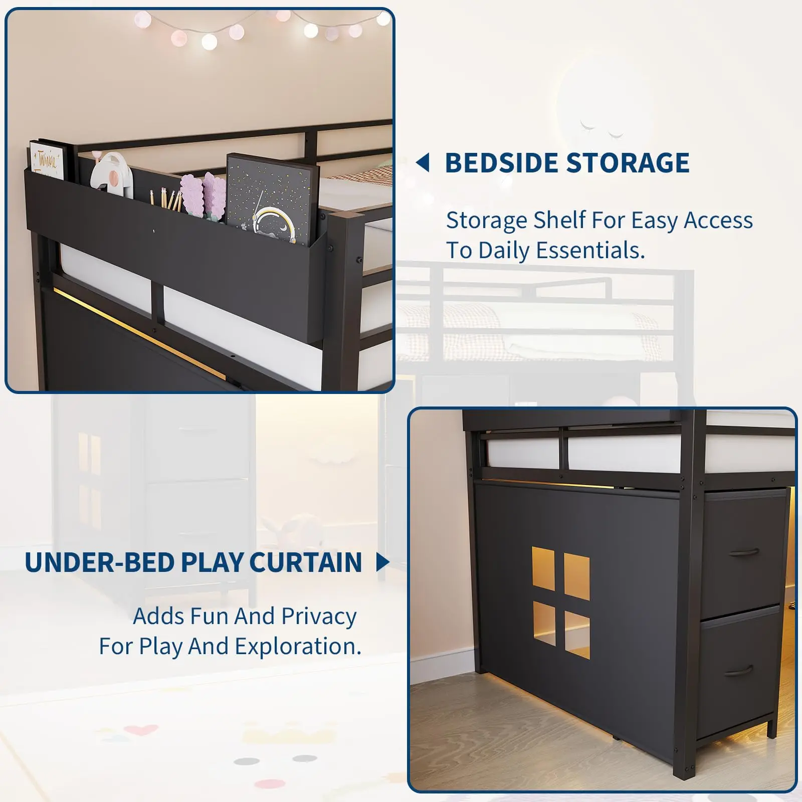 Twin Loft Bed With Desk 6 Drawers Led Lights, Black Kids Bed Frame With Guardrail Ladder Play Curtain - Image 8