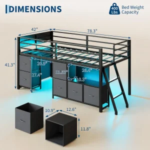 Twin Loft Bed With Desk 6 Drawers Led Lights, Black Kids Bed Frame With Guardrail Ladder Play Curtain - Thumbnail Image 2