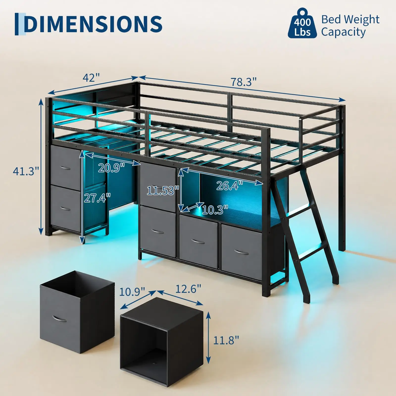 Twin Loft Bed With Desk 6 Drawers Led Lights, Black Kids Bed Frame With Guardrail Ladder Play Curtain - Image 2