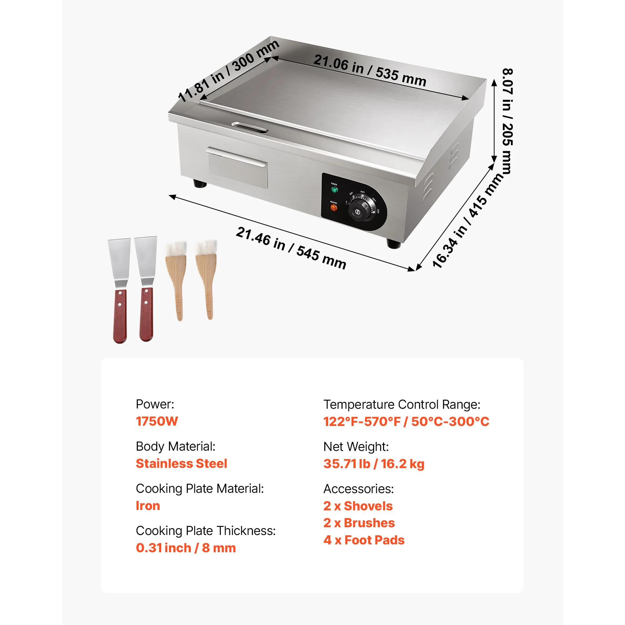 SucceBuy Commercial Electric Griddle 122-570°F Adjustable Temp Control Stainless Steel Countertop - Image 7