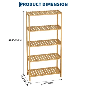 5-Tier Wide Bamboo Shelf Narrow Bathroom Shelf with Slatted Shelves Natural Wood - Thumbnail Image 5